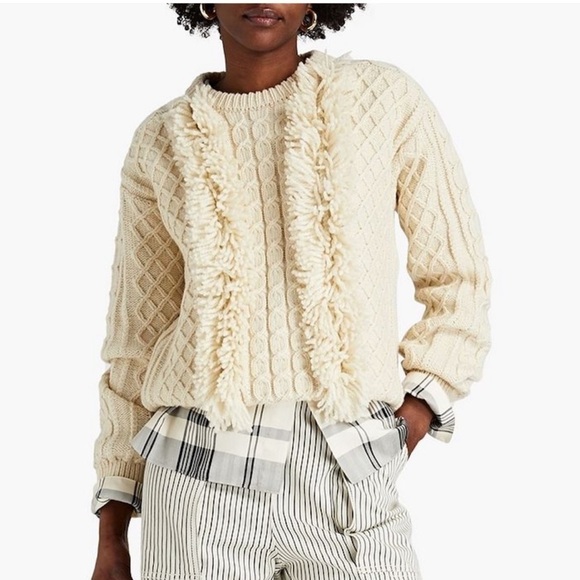 Tory Burch Cable Fringe Trimmed Andean Highland Wool Sweater Ivory - Picture 1 of 9
